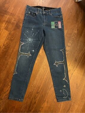 Hand painted, blinged, bleached and embroidered Blue Denim Jeans #101